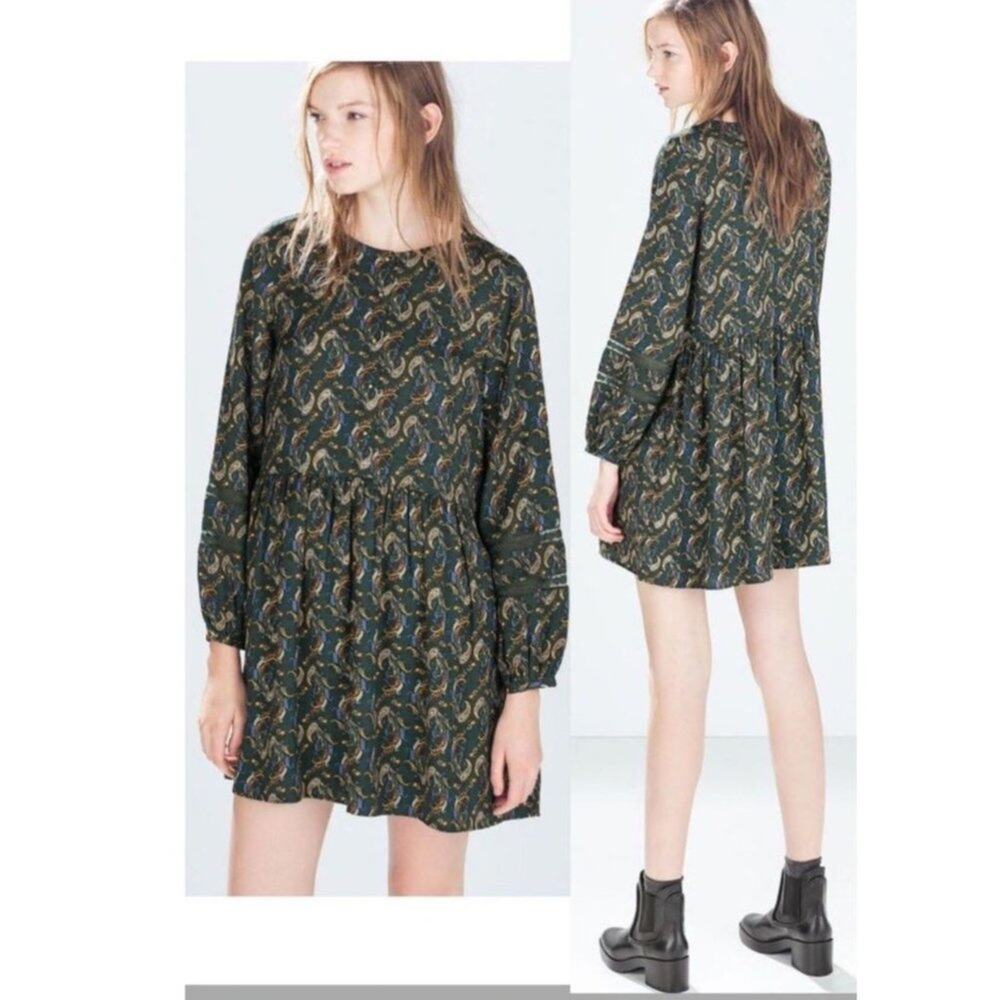 Zara Long Sleeve Paisley Print Babydoll Puff Sleeve Mini Dress Lined XS Green